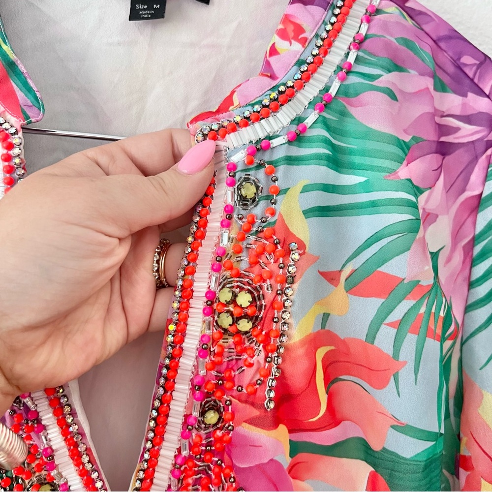 Boston Proper Tropical Floral Beaded Embellished Tunic Dress Sz M - Picture 5 of 6